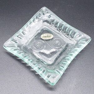 Jenny McLeod Clear Green Hue Square  Scroll Fused Art Glass Trinket Dish